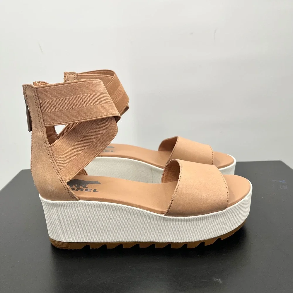 Sorel Kinetic Sandal Womens 6 Tan Good Platform Wedge NL3997-246 Strappy Zip